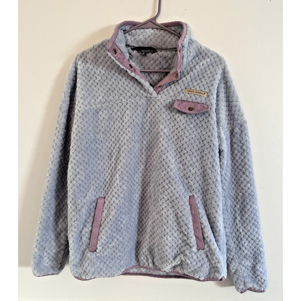 Simply Southern Women's Med Gray Plush Pullover Fleece Snap Neck Pink Trim Cozy